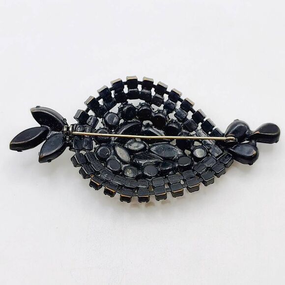 Large Vintage Leaf-shape Clustered Rhinestones Costume Brooch Pin Black - Picture 4 of 7
